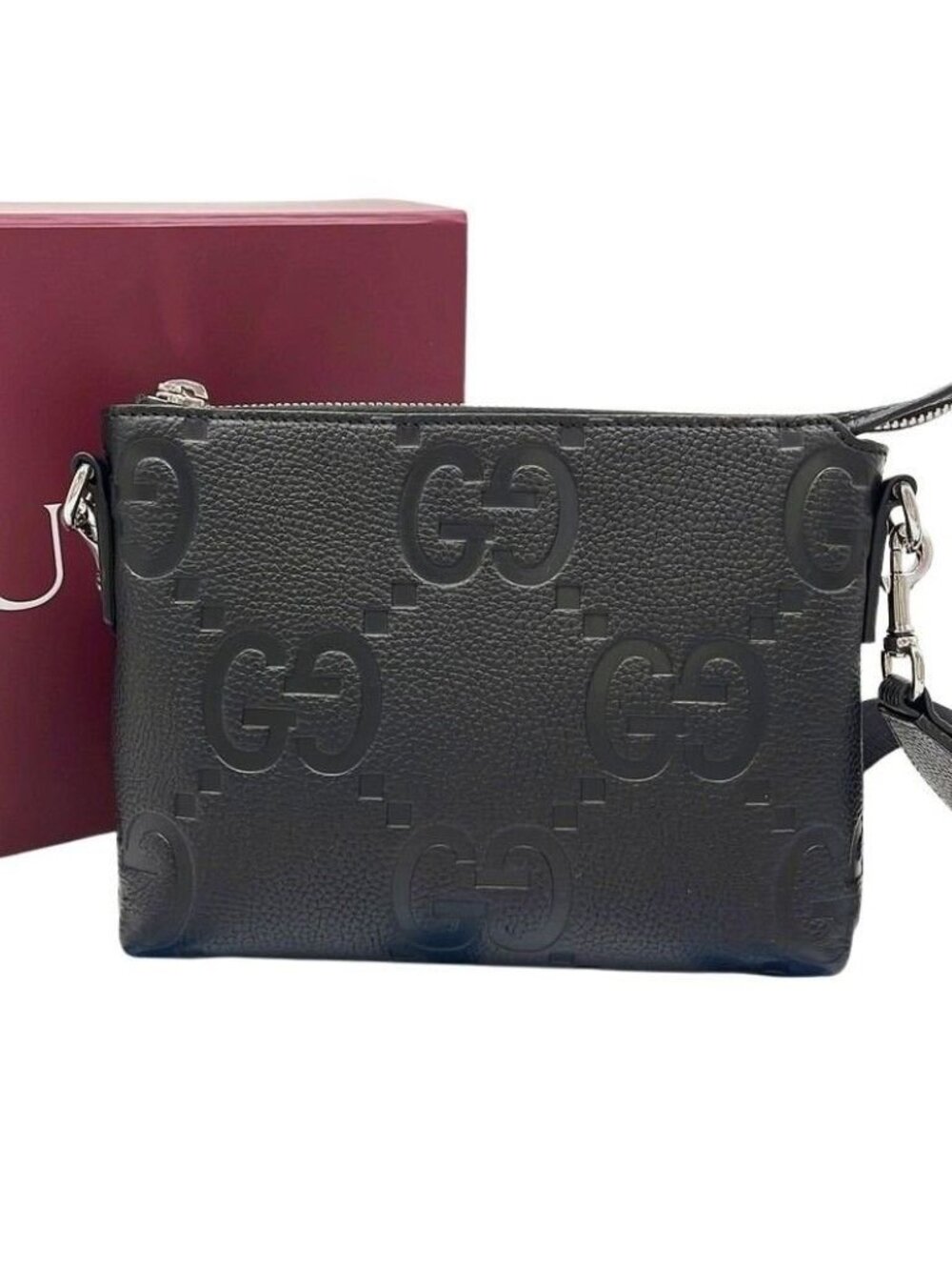 Gucci Shoulder Bag Jumbo GG Black Leather 2-Way Silver